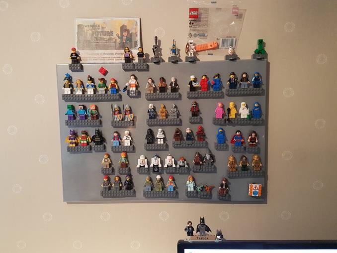 Minifig display on magnetic notice board.